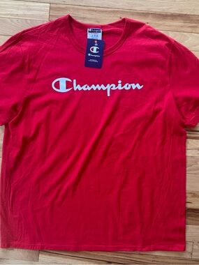 Champion Red Tee with White Script Logo men’s size L